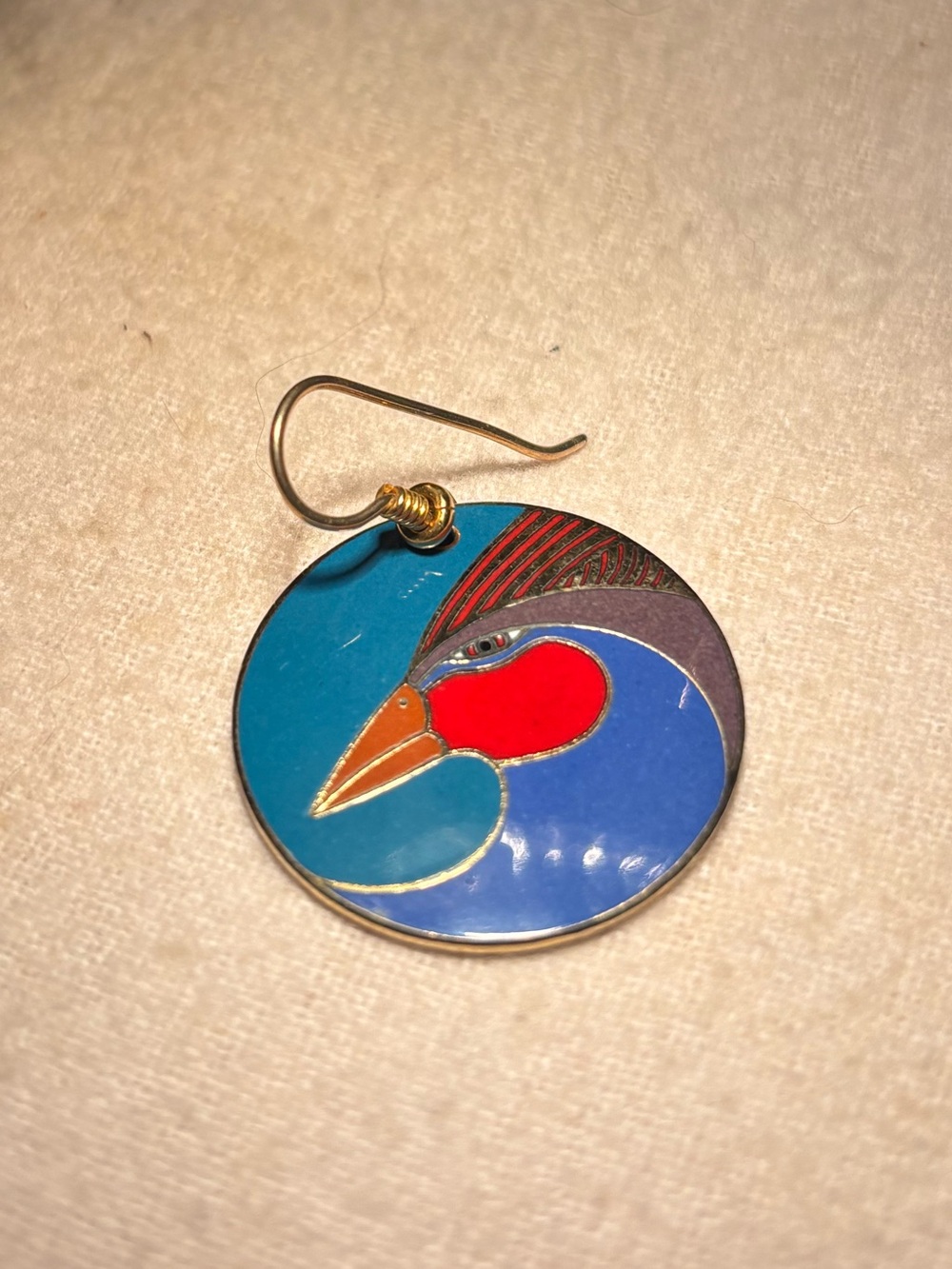 1 Vintage 80s Laurel Burch Signed Marlequin Bird Gold Plated Teal Drop Earring